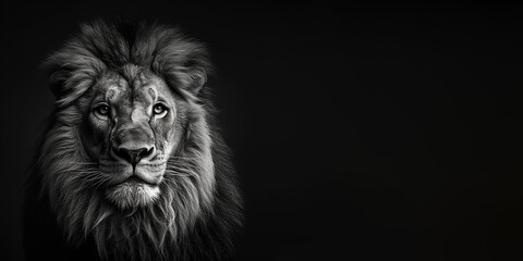 Fototapeta na wymiar Black and white photorealistic studio portrait of a Male Lion on black background. Generative AI illustration