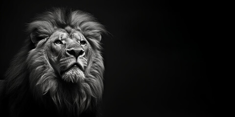 Obraz na płótnie Canvas Black and white photorealistic studio portrait of a Male Lion on black background. Generative AI illustration