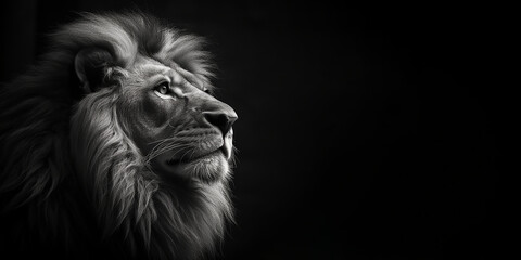 Black and white photorealistic studio portrait of a Male Lion on black background