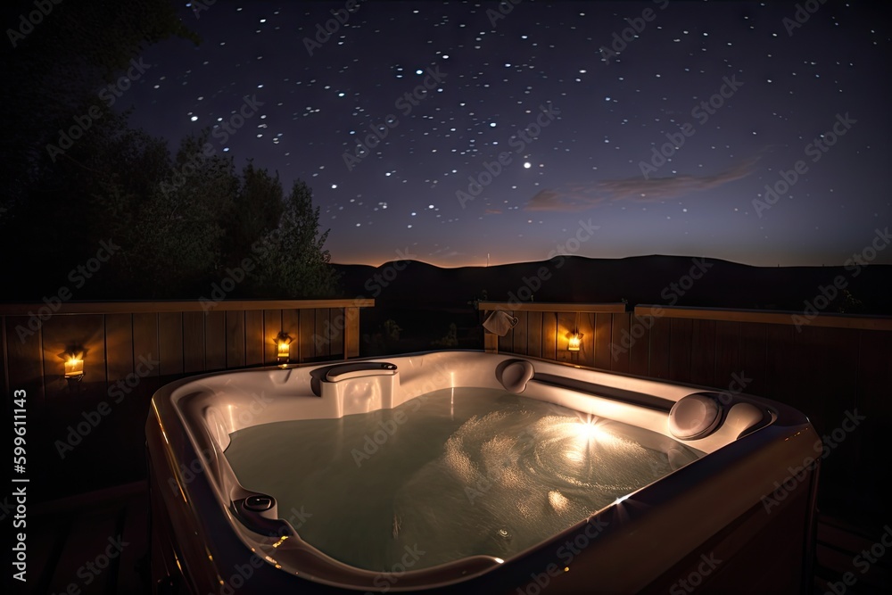 Sticker bubbling hot tub surrounded by candles, with view of the starry night sky, created with generative ai