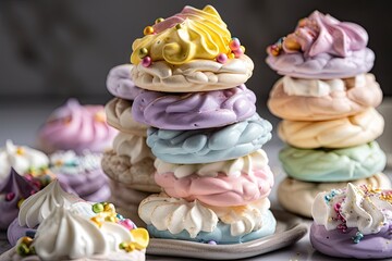 a stack of meringue cookies, each one topped with a different variety of frosting, created with generative ai