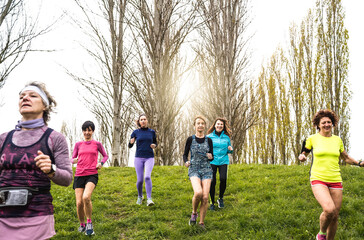 Fototapeta premium Multigenerational women running at the park on a wild grassy path - Group of female runners training outdoors for trail marathon race - Concept of wellness and body care in middle and old age