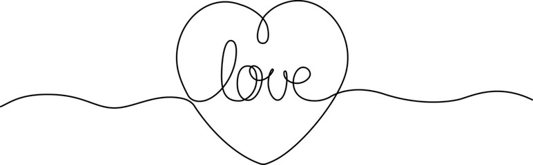 continuous single line drawing of handwritten word LOVE in heart shape, line art vector illustration