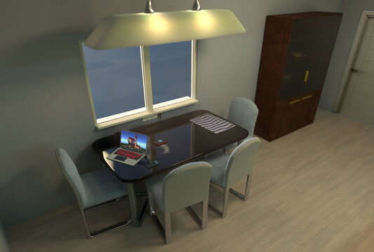 3d-render of a modern large luxury studio apartment. The open plan kitchen is furnished with the light wood of the house. On a glass table with forged legs are smart devices such as a laptop and phone