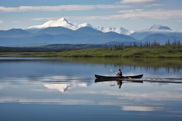 canoeist paddling on still lake, with view of distant mountains, created with generative ai
