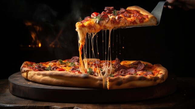 Wood fired pizza with salami, pepper and cheese on a wooden board with smoke and flames. Black backdrop. Generative ai