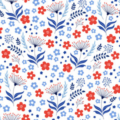 Floral seamless pattern. Cute botanical print, blooming summer meadow illustration with flowers on white background. Great for nursery design, textile, fabric