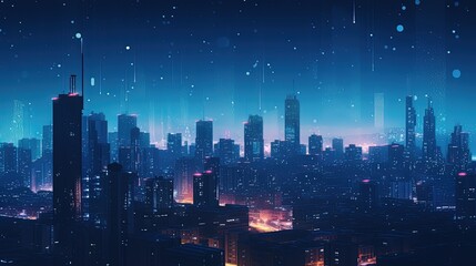 Fototapeta premium Backdrop image with the silhouette of cityscape and stars in the sky in blue colors. Generative AI