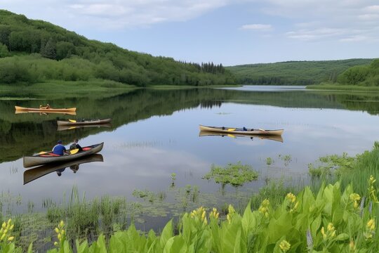group of canoes and kayaks on calm lake, with view of rolling hills in the background, created with generative ai