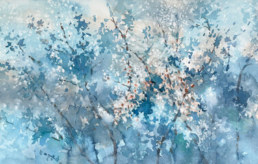 Sakura branches flowering watercolor background. Spring illustration - 599612370