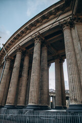 Orthodox majestic and beautiful church with columns and a park.