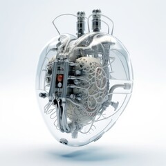 Cybernetic Pulse - A Transparent Plastic Cyborg Human Heart Portrait with Silver Circuit Boards Visible Inside. Generative AI