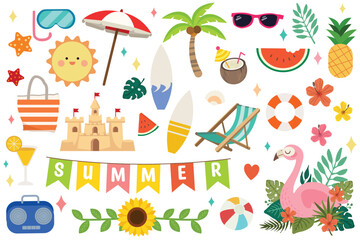 Set of cute summer icons: food, drinks, palm leaves, fruits and flamingo. Bright elements of party Summer. Essentials set for beach. Flat Vector illustrations.