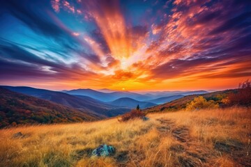 majestic mountain range with a sunset sky, clouds and vibrant colors, created with generative ai