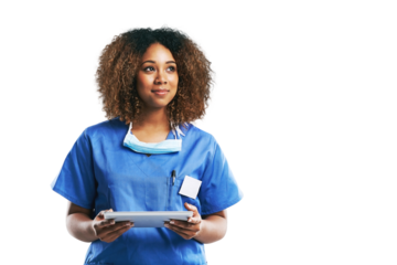 healthcare, nurse and black woman smiling with technology for idea or isolated on a transparent png background. Female, medical physician and mobile or research and thought for digital checklist