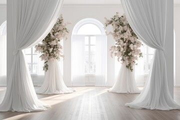 Fototapeta na wymiar wedding backdrop aesthetic flower decoration indoor studio background AI Generated