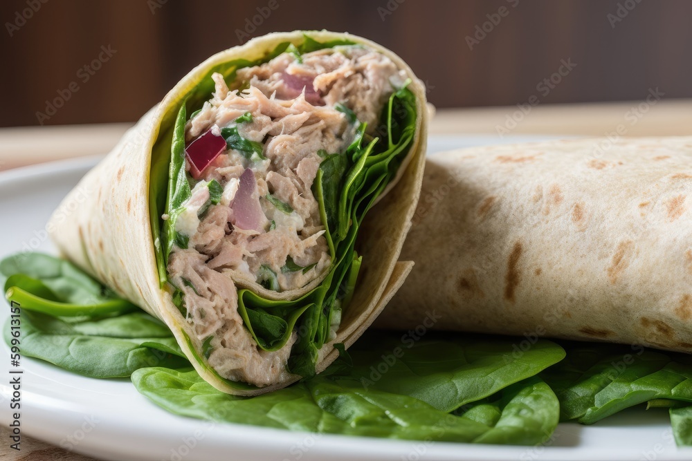 Wall mural tuna salad wrap with mixed greens, red onion, and dill, created with generative ai