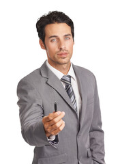 Portrait, business man and pen for signing contract or professional or isolated and transparent background. Corporate, png and employee or stationery for legal writing or deal agreement