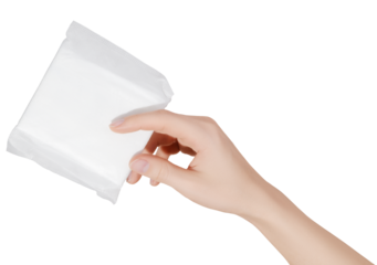 Female hand holding a sanitary pad for menstruation. Concept: female's hygienic product for period's day. Woman healthcare. Monthly intimate hygiene.