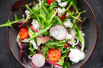 salad cheese green leaves vegetable radish, tomato, cucumber meal food snack on the table copy space food background rustic top view 