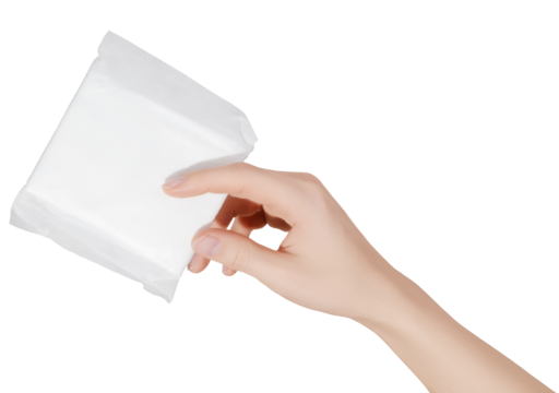 Female hand holding a sanitary pad for menstruation. Concept: female's hygienic product for period's day. Woman healthcare. Monthly intimate hygiene.