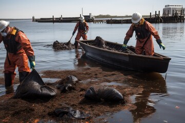 oil spill cleanup team, collecting debris and oil from waterside, created with generative ai