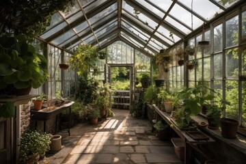 greenhouse with view of the surrounding nature, full of greenery and plants, created with generative ai