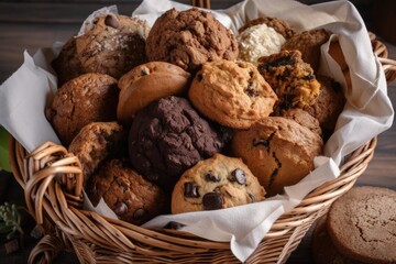 Fototapeta premium basket filled with gluten-free and vegan muffins, cookies, scones, and cakes, created with generative ai