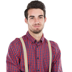 Happiness, portrait of man in nerd style and suspenders isolated on transparent png background....