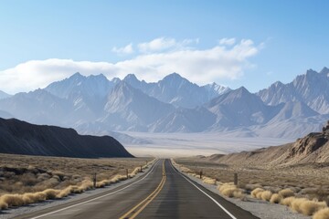 scenic highway with dramatic mountain range in the background, created with generative ai