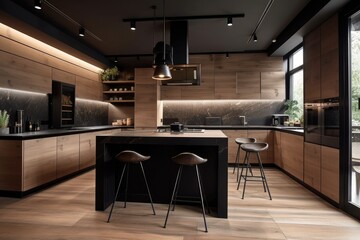 Fototapeta a sleek and modern kitchen, with sleek appliances and minimalist d꧃挀漀爀Ⰰ 挀爀攀愀琀攀搀 眀椀琀栀 最攀渀攀爀愀琀椀瘀攀 愀椀� Generative AI obraz