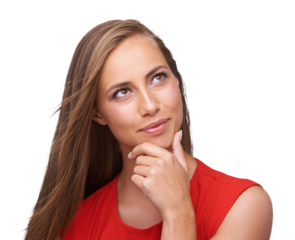 Isolated woman, thinking and focus with ideas, decision or remember by transparent png background. Girl, model and think in red clothes, mindset or excited face for vision, future or problem solving
