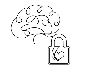 Abstract heart-lock with brain as continuous line drawing on white background