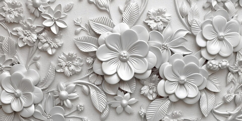 Mural illustration background with white flowers - Generative AI