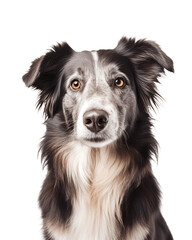 face / portrait of a cute border collie mixed breed dog looking straight into the camera, isolated, transparent background, pet care or veterinarian / vet design element, generative AI - 599614166