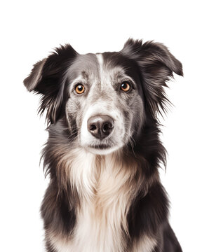 face / portrait of a cute border collie mixed breed dog looking straight into the camera, isolated, transparent background, pet care or veterinarian / vet design element, generative AI