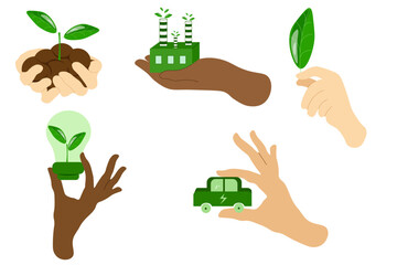Climate Change vector illustration. Set of characters Hand holding Green Leaf, Electric Car, Branch in the ground, lamp and factory. Green Energy concept. 