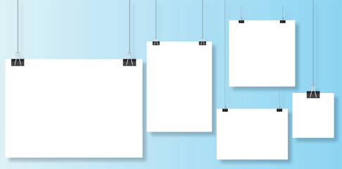 White poster template hanging on wall. Paper banner mockup. Poster mockup with shadow. Vector