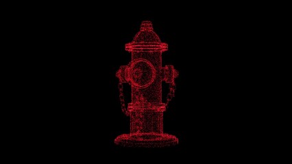 3D red hydrant object on black backdrop. Object consisting of flickering particles. Science tutorial concept. Abstract backdrop for logo, title, presentation. 3D animation.