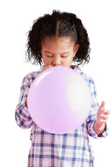 Girl, blowing balloon and isolated pink party decorations and birthday celebration on transparent png background. African child, curly hair and fun, inflatable toy to blow for good news or game