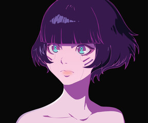 neon robot anime. girl robot. neon anime vector art.