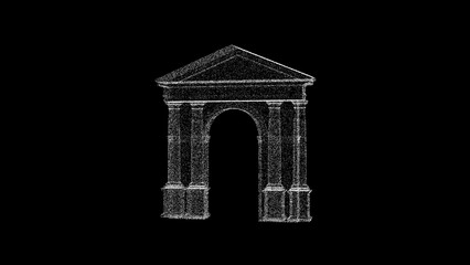 3D white ancient antique arch on black background. Object consisting of flickering particles. Science historic concept. Abstract backdrop for logo, title, presentation. 3D animation