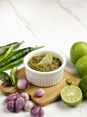 Sambal typical of Padang, Indonesia. Sambal Lado Mudo or Sambal Ijo or Green Chili Sambal