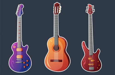 Set of vector guitars. Acoustic guitar, bass guitar, electric guitar. Stickers.