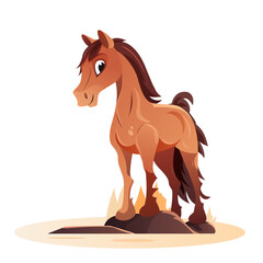 Cartoon brown horse stands on a white background. Cute pony illustration.