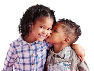 Children, brother and sister siblings kiss on cheek in family portrait with love and care. Kids, hug and smile together with support for boy and girl on an isolated png, transparent background.
