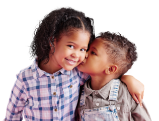 Children, brother and sister siblings kiss on cheek in family portrait with love and care. Kids, hug and smile together with support for boy and girl on an isolated png, transparent background.