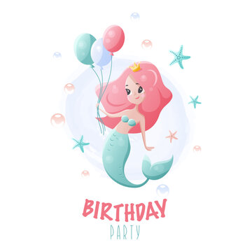 Birthday invitation card template with cute little mermaid princess, marine life cartoon character