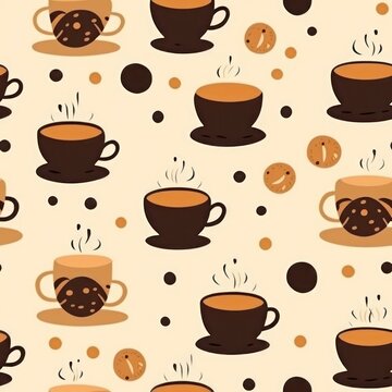 Different types of minimalist coffee cups coffee shop atmosphere background seamless pattern