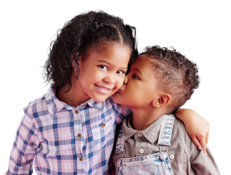Children, brother and sister siblings kiss on cheek in family portrait with love and care. Kids, hug and smile together with support for boy and girl on an isolated png, transparent background. - Powered by Adobe